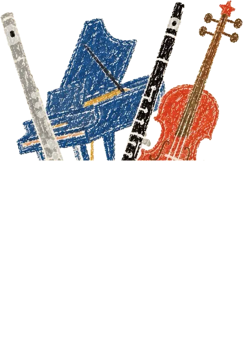 ぽけっと音楽隊のロゴ。フルート・ピアノ・オーボエ・ヴァイオリンが入ったポケット